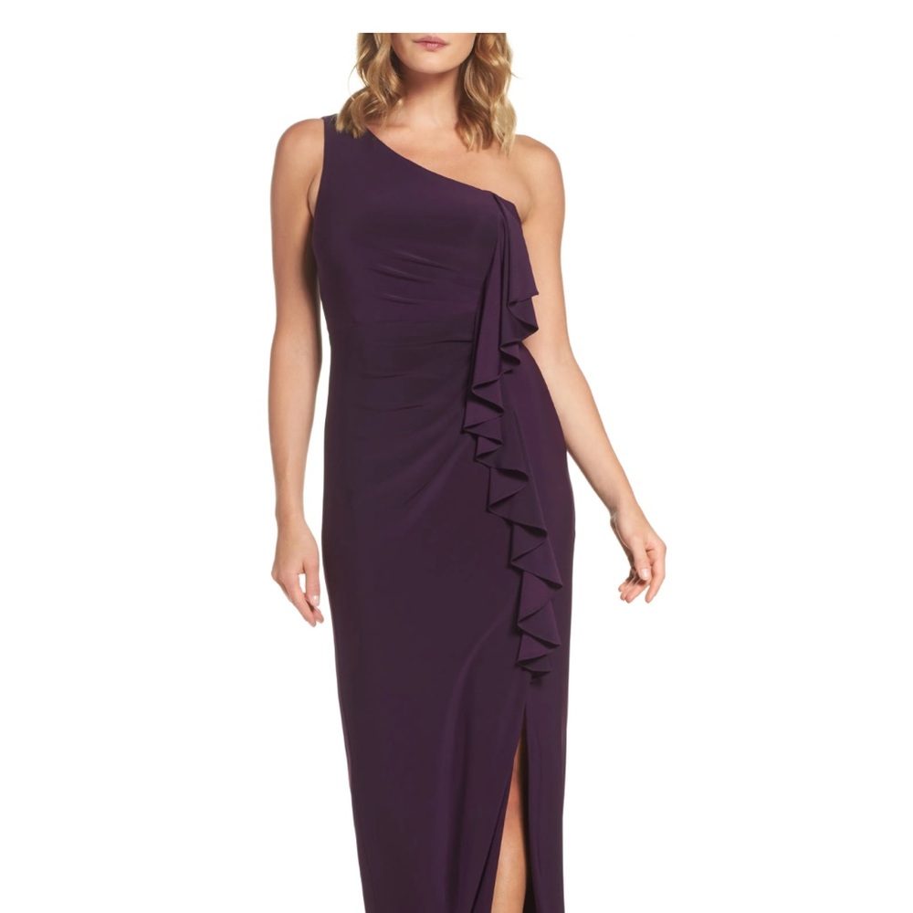 Eliza J One-Shoulder Maxi Gown in Deep Purple